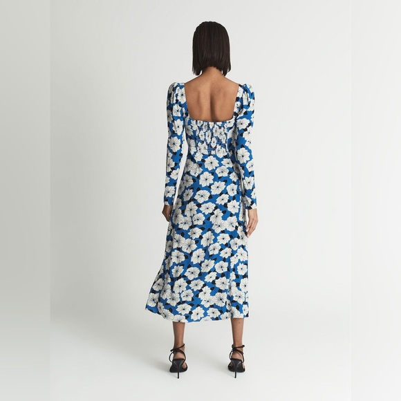 REISS | Miller Blue White Floral Print Square Neck Midi Dress 10 - Picture 4 of 16